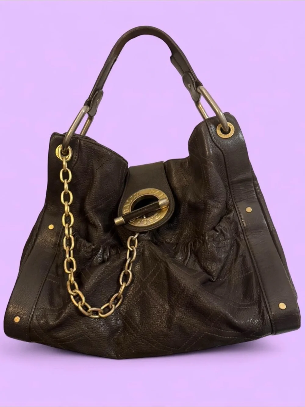 Bally Dark Brown Leather Shoulder Bag with Gold Chain Accent - Picture 1 of 11